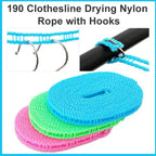 Portable nylon clothesline drying clothes in an outdoor camping setting.