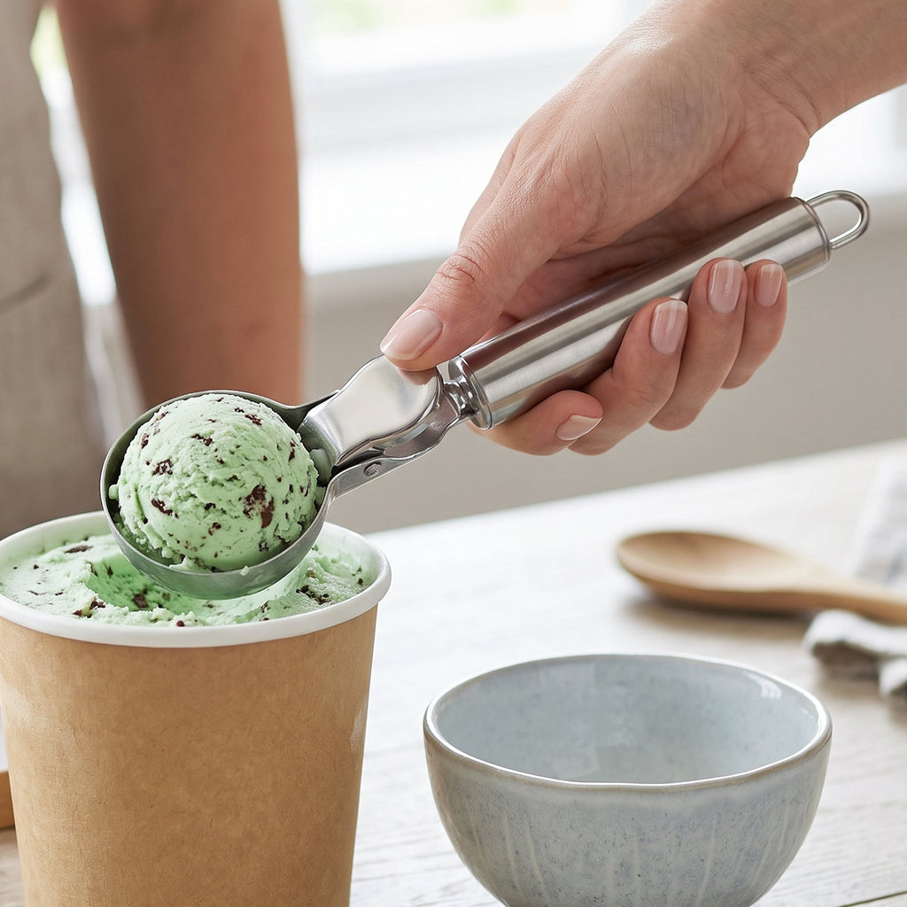Kitchen stainless steel scooper with release lever for baking
