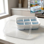 Mini plastic ice cube tray with six cavities and a clear lid for easy freezing.