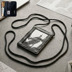 Black leather neck wallet with clear ID window and lanyard for travel and office use