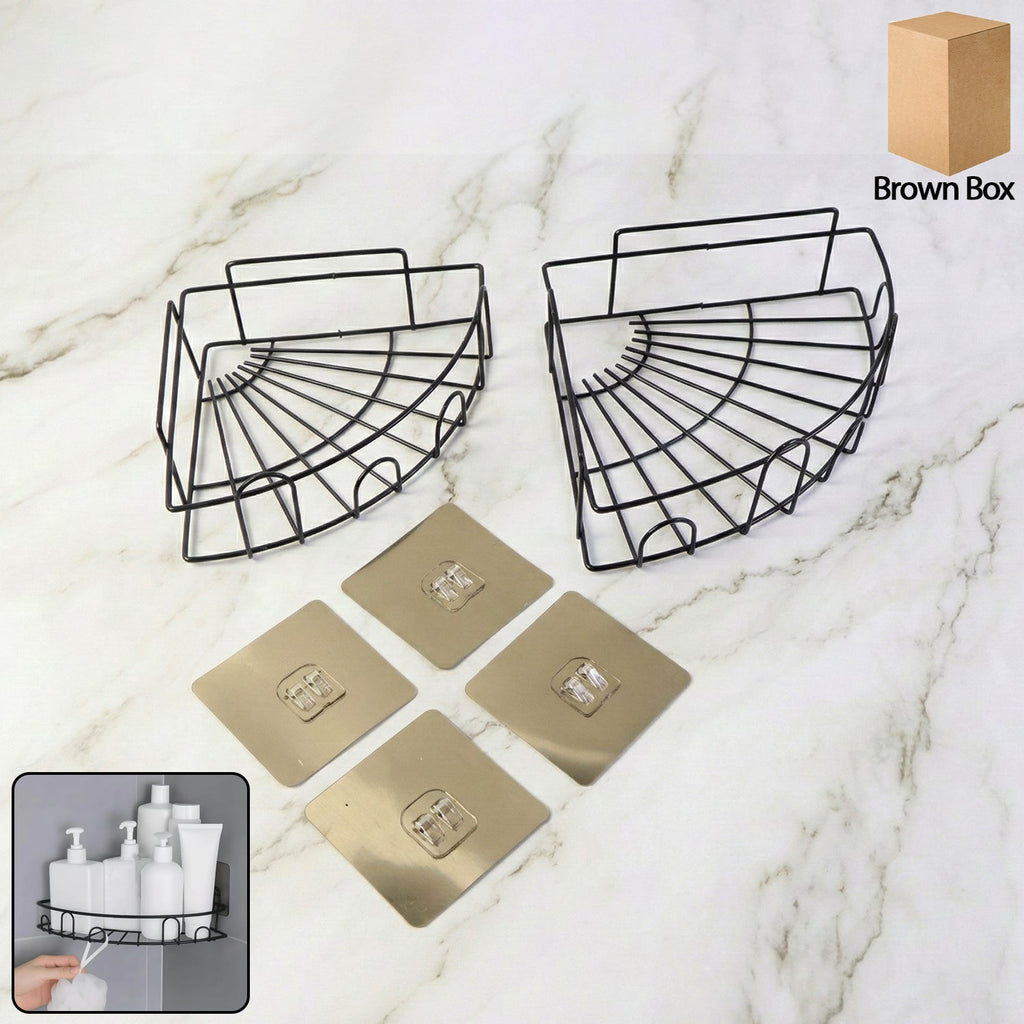 Two-piece iron shower caddy corner in a modern bathroom setting, showcasing ample storage.