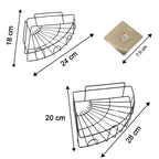 Dimensional diagram of the 2-piece iron shower caddy corner, detailing its compact size.