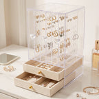 Earring display box with drawers for rings and necklaces