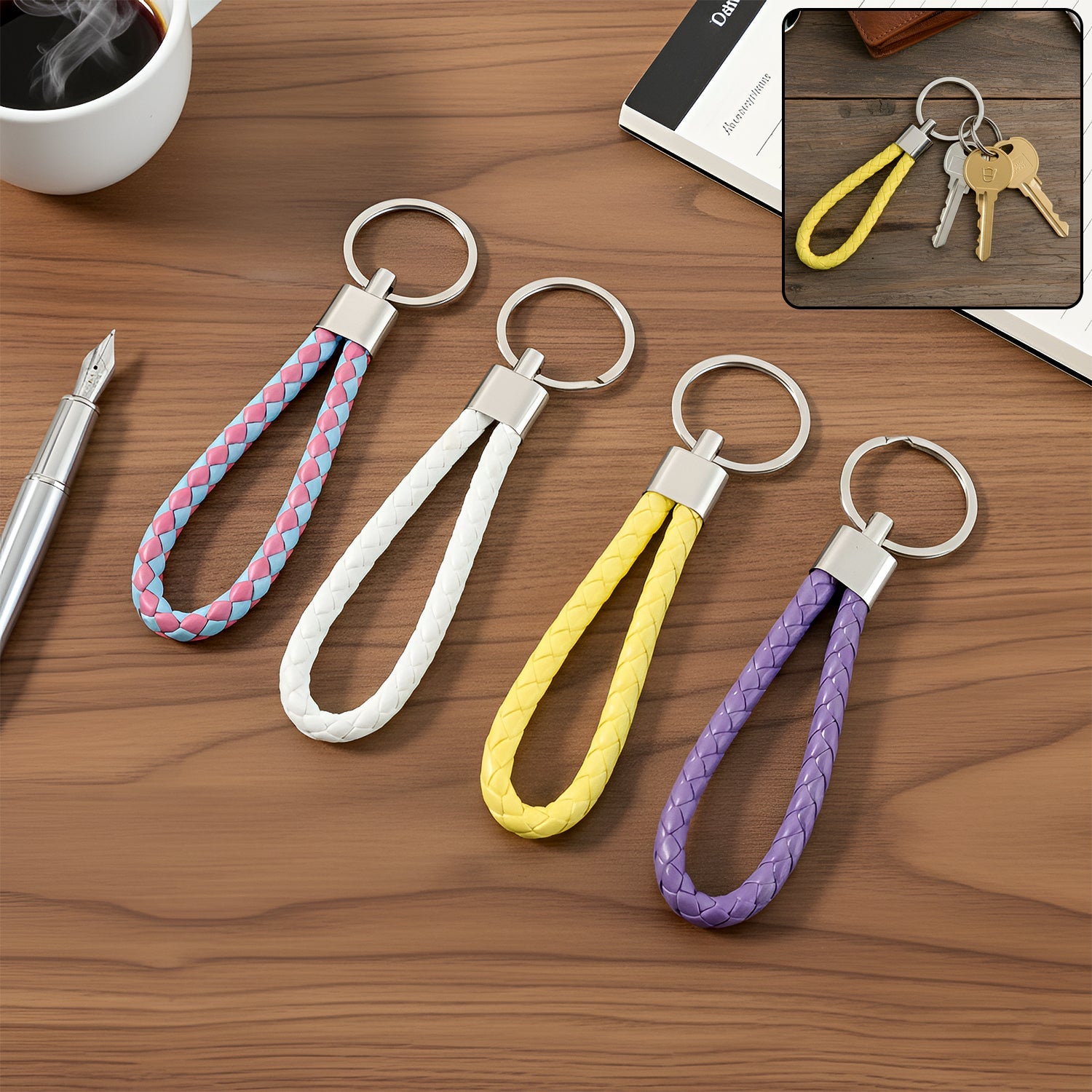 Braided loop keychain set with strong metal rings for organising keys