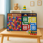 Foldable wooden board game set open displaying the Ludo game