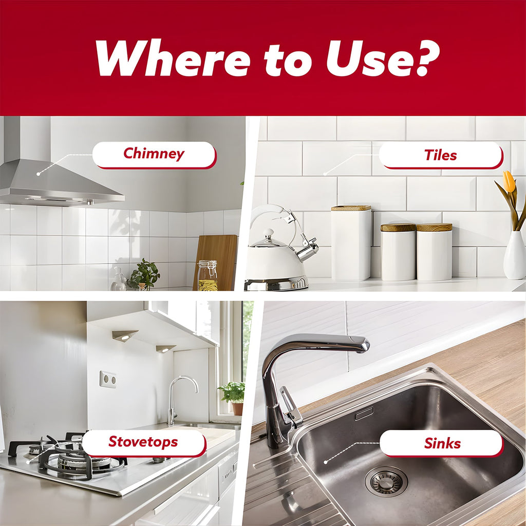Using Pollic Kadam Kitchen Surface Cleaner on kitchen countertop for degreasing