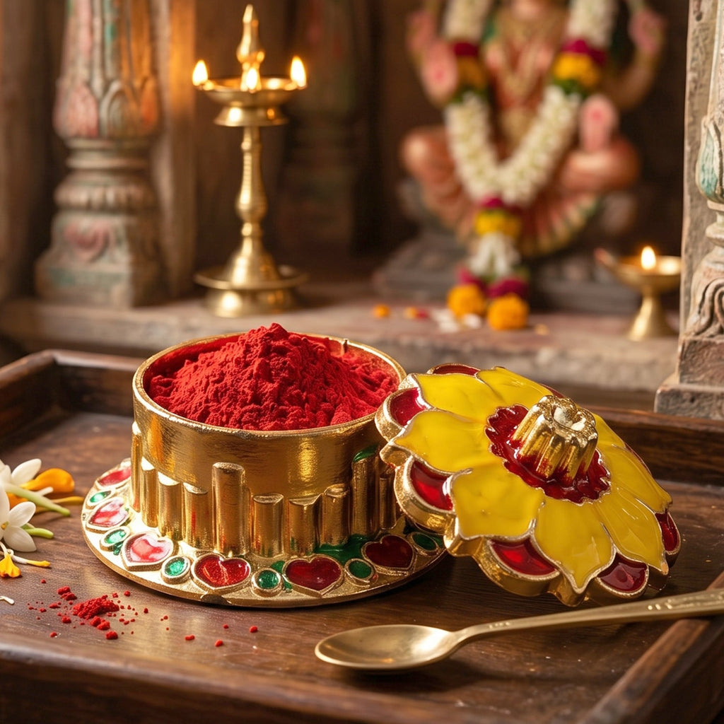 Close-up of ornate kumkum box design for divine rituals