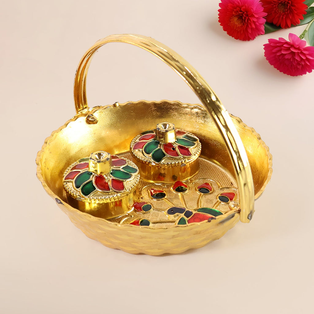 Peacock Meenakari Pooja Tray showcasing its compact size and two lidded containers.