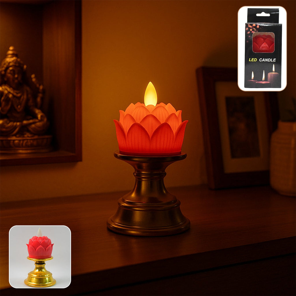 Lotus shaped LED flameless candle emitting warm glowing light on decorative holder