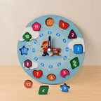 Aditi wooden clock toy showing movable hands and colorful shapes for kids learning