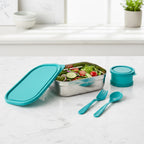 Lunch box set showing spacious main container and round snack compartment with secure lid