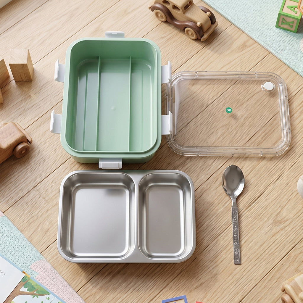 Stainless Steel Lunch Box 2 Section – Leakproof & Durable with Spoon