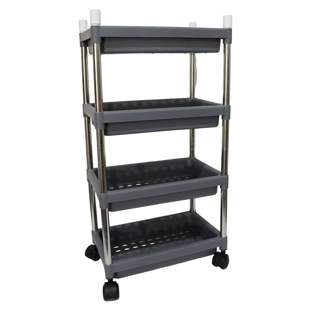 Mobile organizer rack showcasing durable plastic trays and easy assembly.