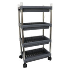 Mobile organizer rack showcasing durable plastic trays and easy assembly.
