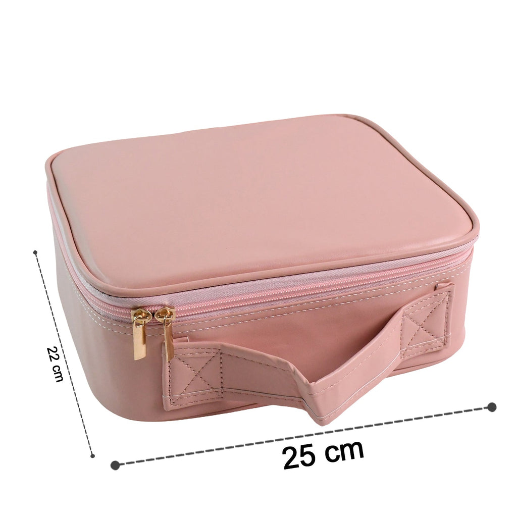 Pink cosmetic storage bag featuring touch sensor LED mirror