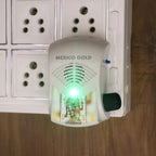 Angled view of compact electric mantra bell with glowing LED light
