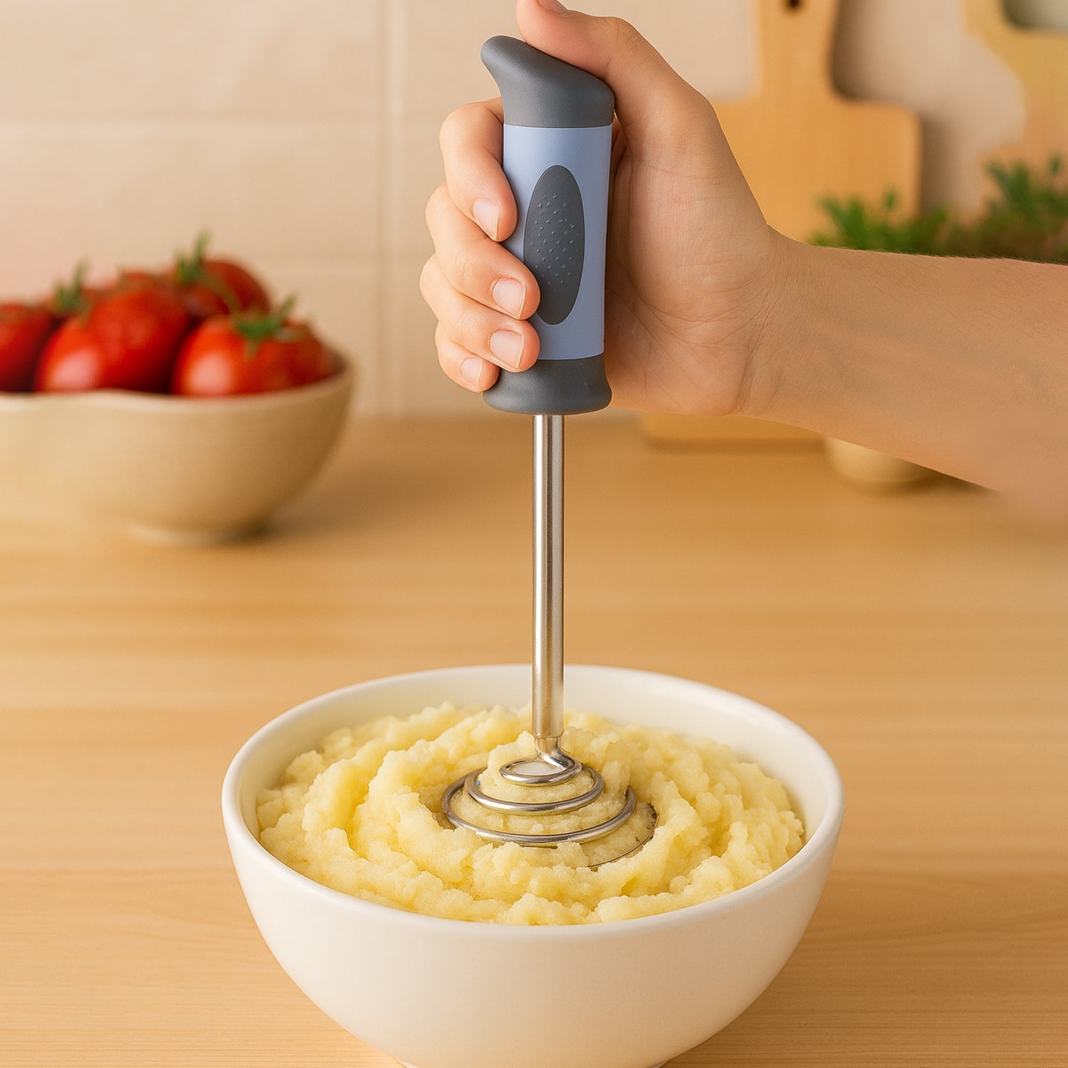Heavy-duty stainless steel vegetable masher for smooth food mashing
