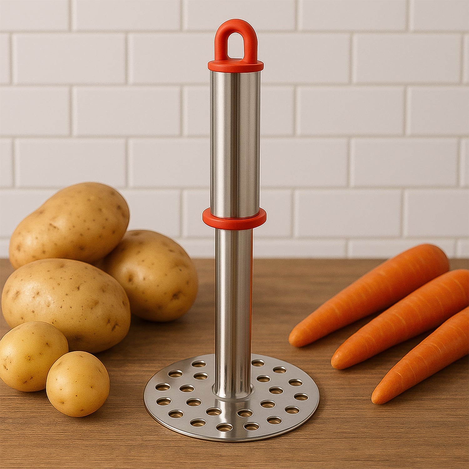 Stainless steel potato masher with ergonomic handle on white background
