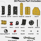 Assembled mechanical models from the Mecha Racer STEM Kit displayed on table