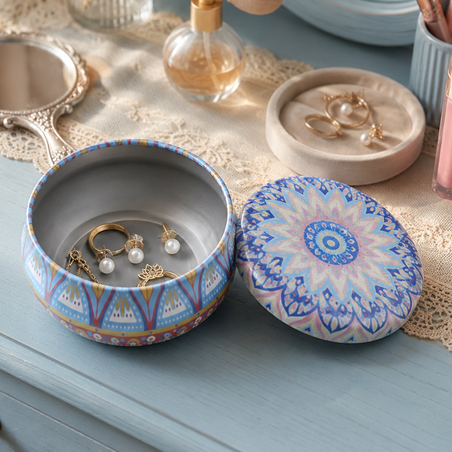 Metal storage box with mandala art for trinkets and jewellery