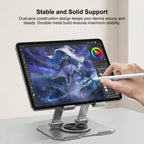 Close-up of foldable metal stand with anti-slip pads