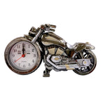 Motorcycle alarm clock demonstrating alarm feature on back