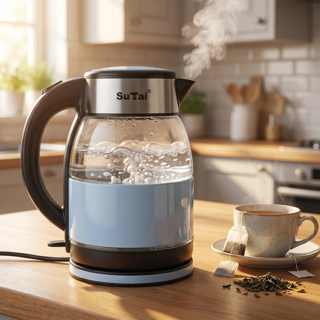 Electric glass tea kettle with 2L capacity and auto shut off