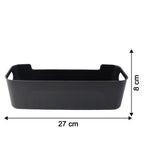 Black plastic storage baskets used for home organization