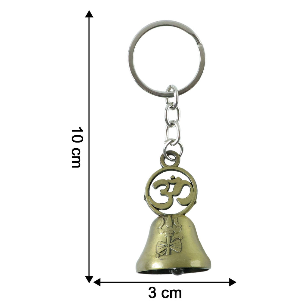 Dimensions and size of Om temple bell metal keychain shown