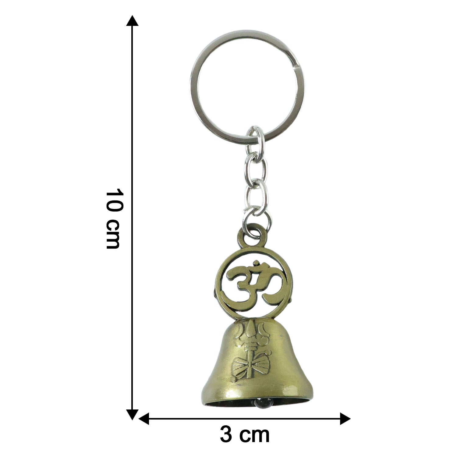 Dimensions and size of Om temple bell metal keychain shown