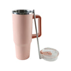 Pink travel tumbler with ergonomic side handle