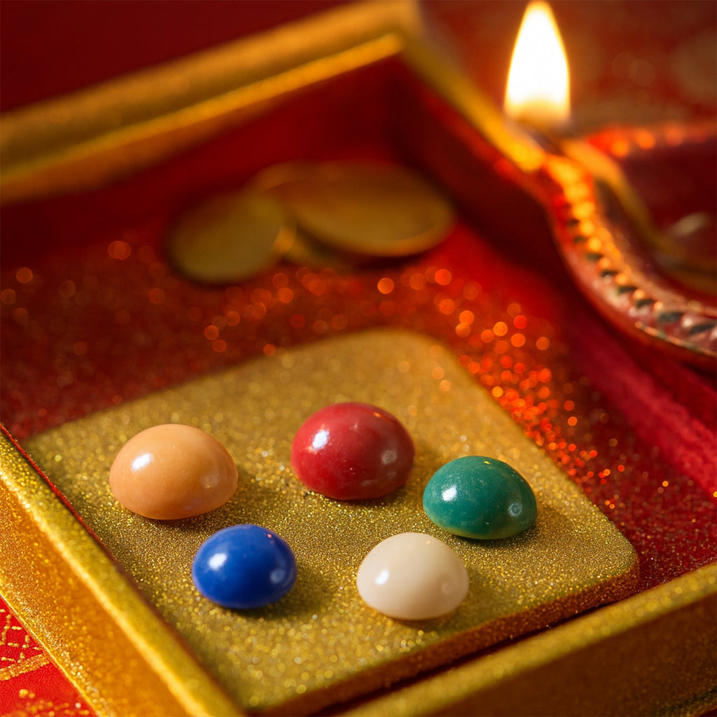 Overhead view of the complete Panch Ratna stone set for spiritual practices.