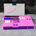 Close-up of magnetic closure on space-themed pencil box with calculator