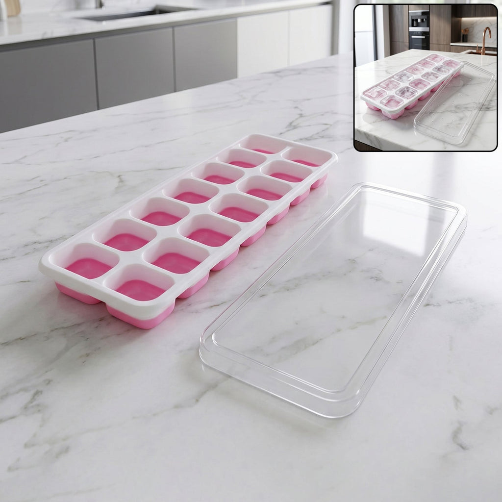 Pink plastic ice cube tray with lid for easy freezing
