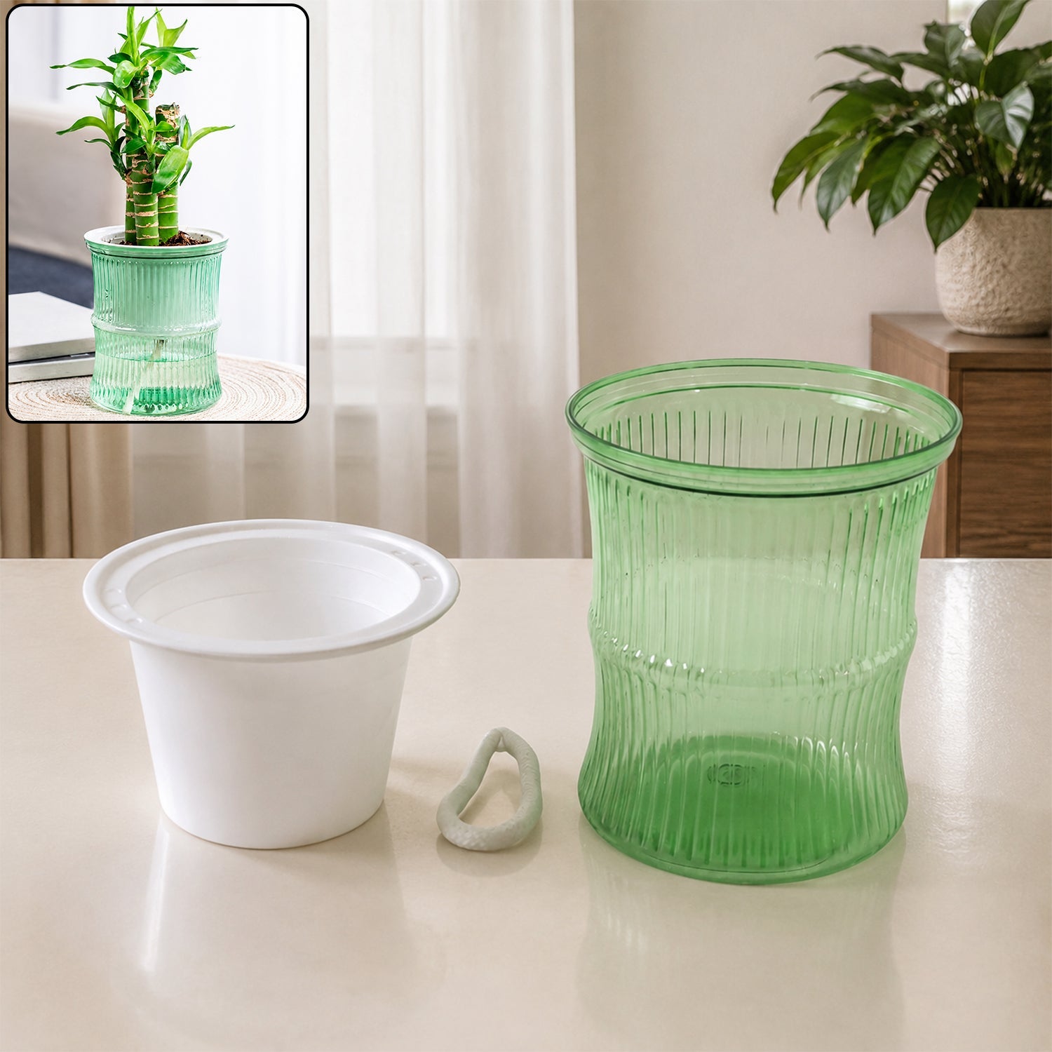 Bamboo-style self-watering plastic flower pot with cotton wick