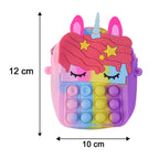 Size comparison image showing dimensions of kids pop it silicone shoulder bag