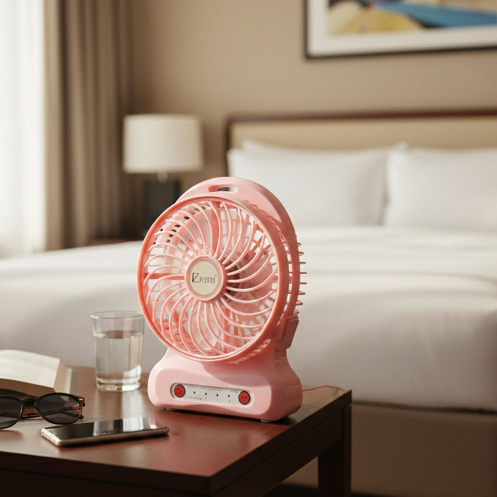 Portable desk fan shown with USB connection cable