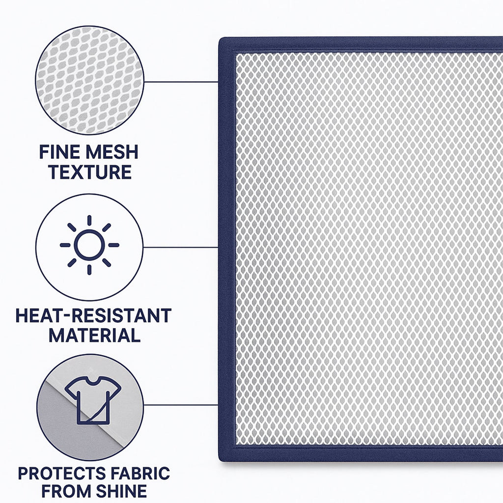 Ironing mesh press cloth protecting dark shirt fabric from iron shine