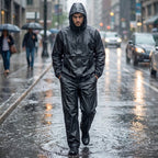 Model wearing a black waterproof rain coat set for men and women.