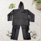 Hooded rain jacket and pant set for enhanced safety on bikes and scooters.