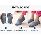 A three-panel image demonstrates how to use the grey silicone shoe covers, from choosing size to wearing them.
