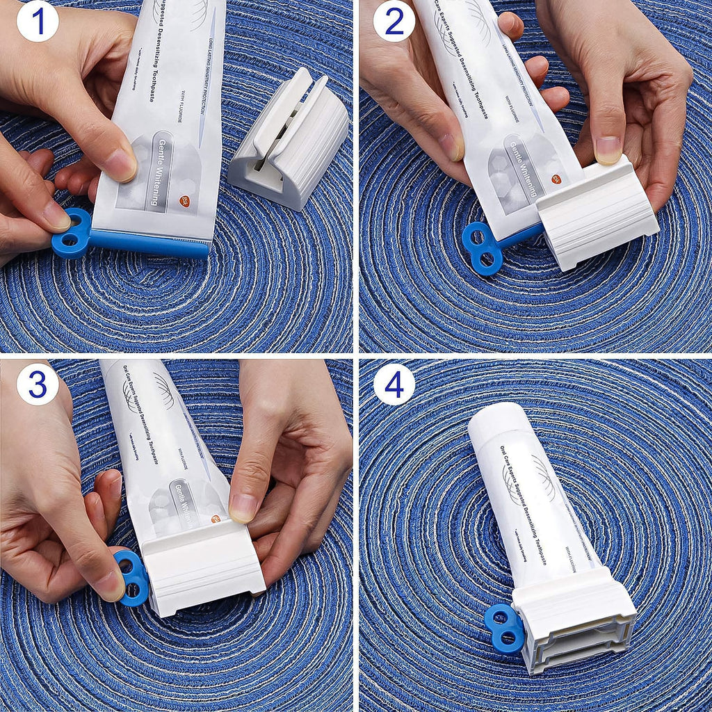 Hand using ergonomic plastic tube squeezer to roll toothpaste tube