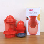 Manual juicer filled with fresh citrus fruit ready for juicing