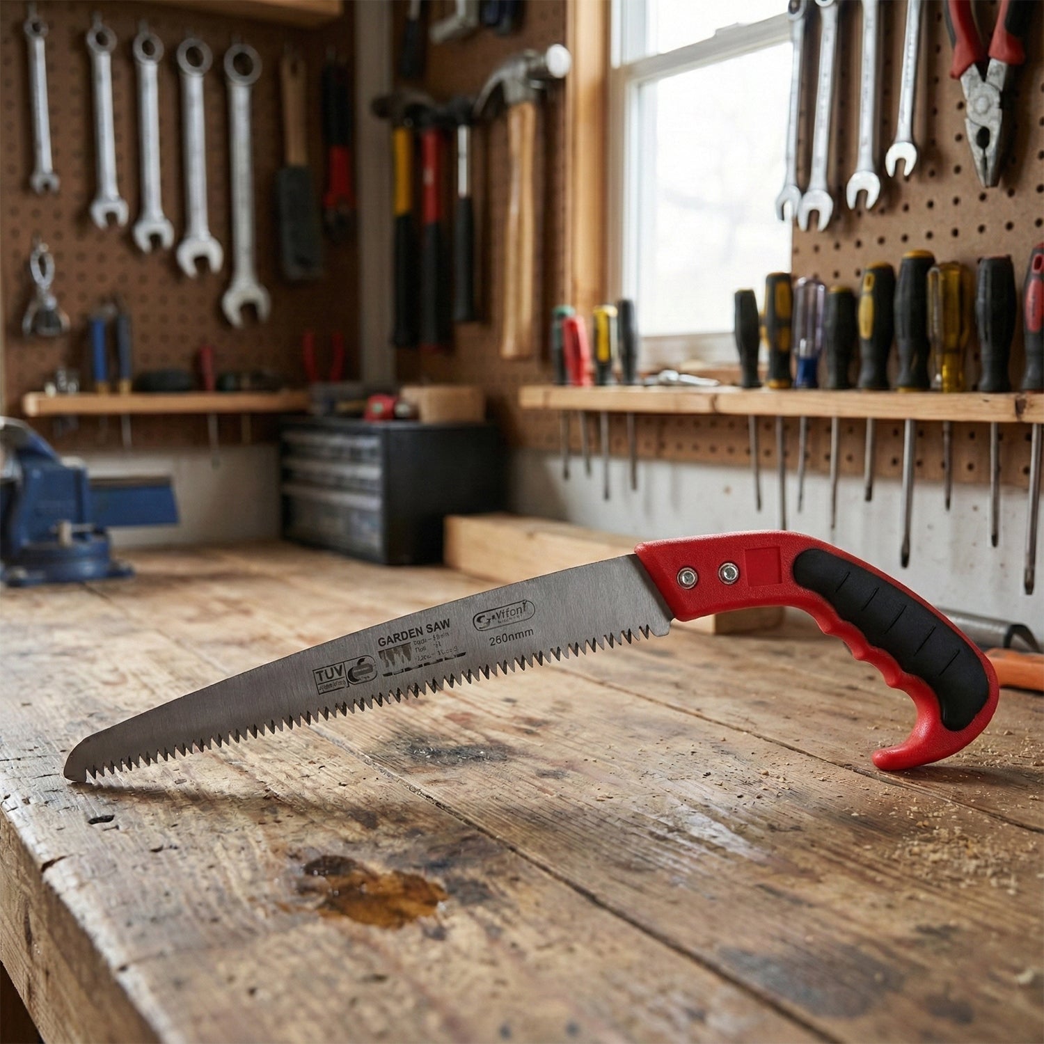 Handheld serrated pruning saw specialized for heavy-duty wood cutting