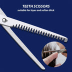 Close-up of salon hair thinning scissors highlighting blade and ergonomic handle