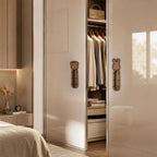Self stick cabinet handle installed on a flat cabinet surface