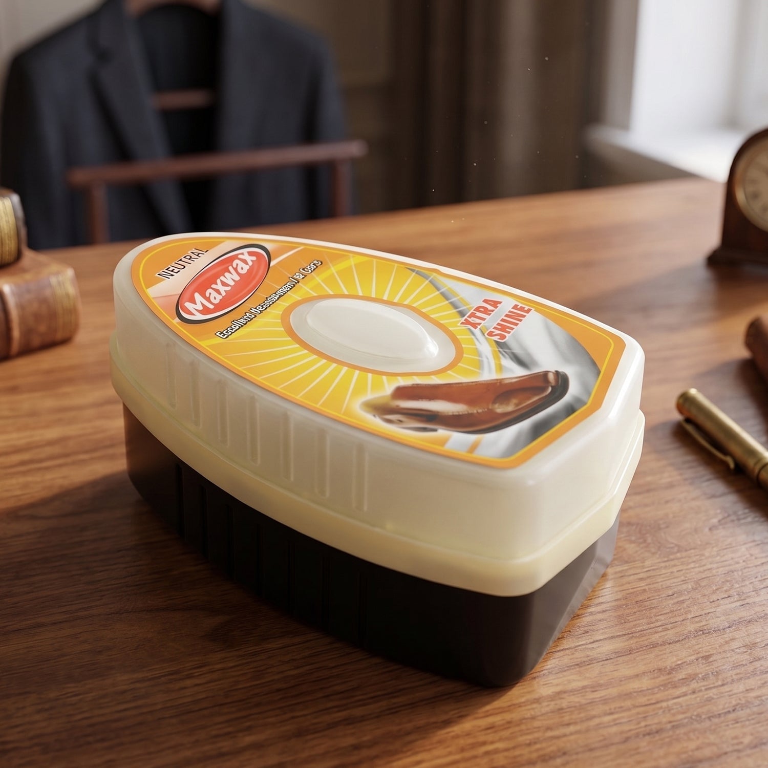 Easy to apply shoe shine liquid in travel size, ready for use.