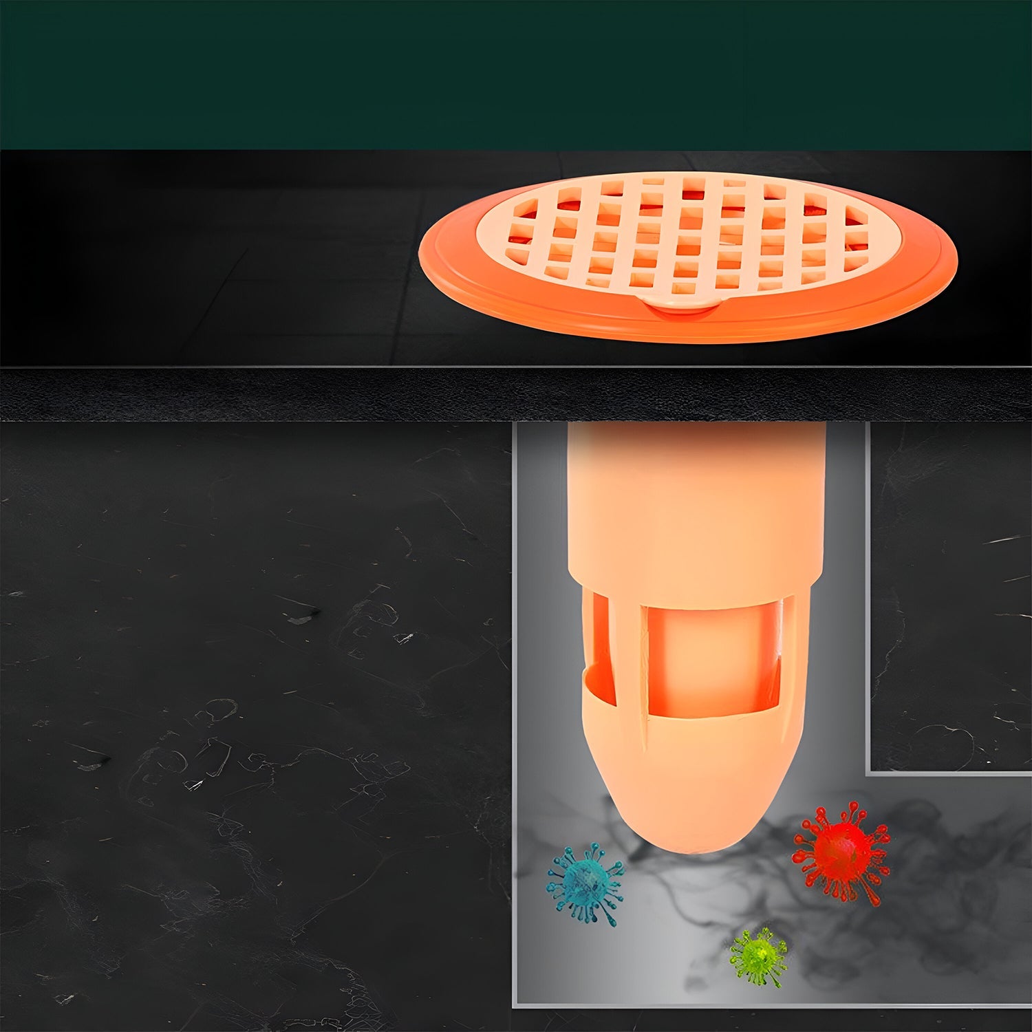 Transparent plastic drain strainer fitted in modern bathroom floor drain