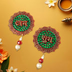 Set of two Shubh Labh round door hangings decorated with beads and stones