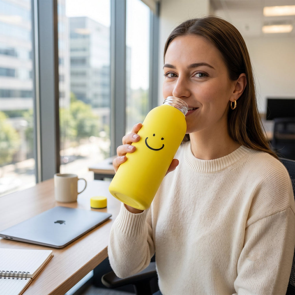 400 ML Smiley Face Glass Water Bottle with Silicone Sleeve for Office (1 Pc)